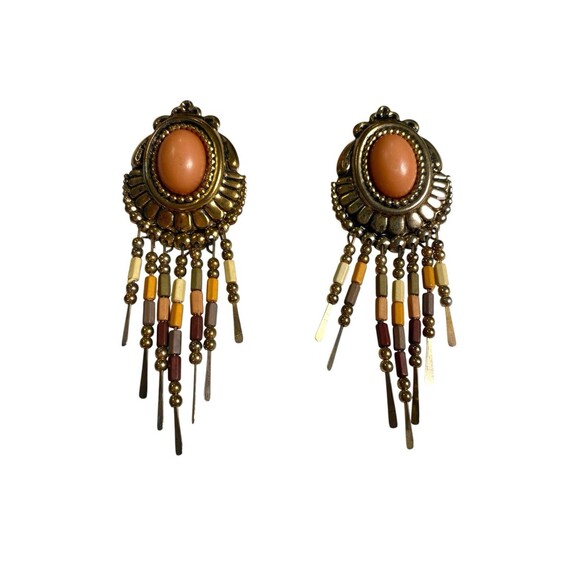 Vintage Bohemian Teardrop Dangle Earrings 4.75” Pierced Gold Tone Beaded Tassel - Picture 2 of 8